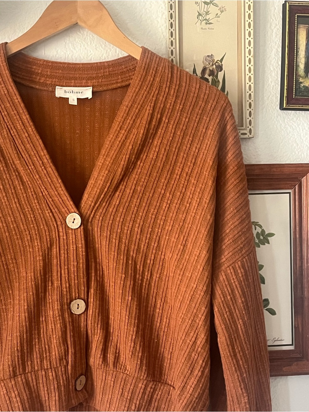 Bohme Rust Ribbed V-Neck Button Cardigan - Small - Picture 2 of 5
